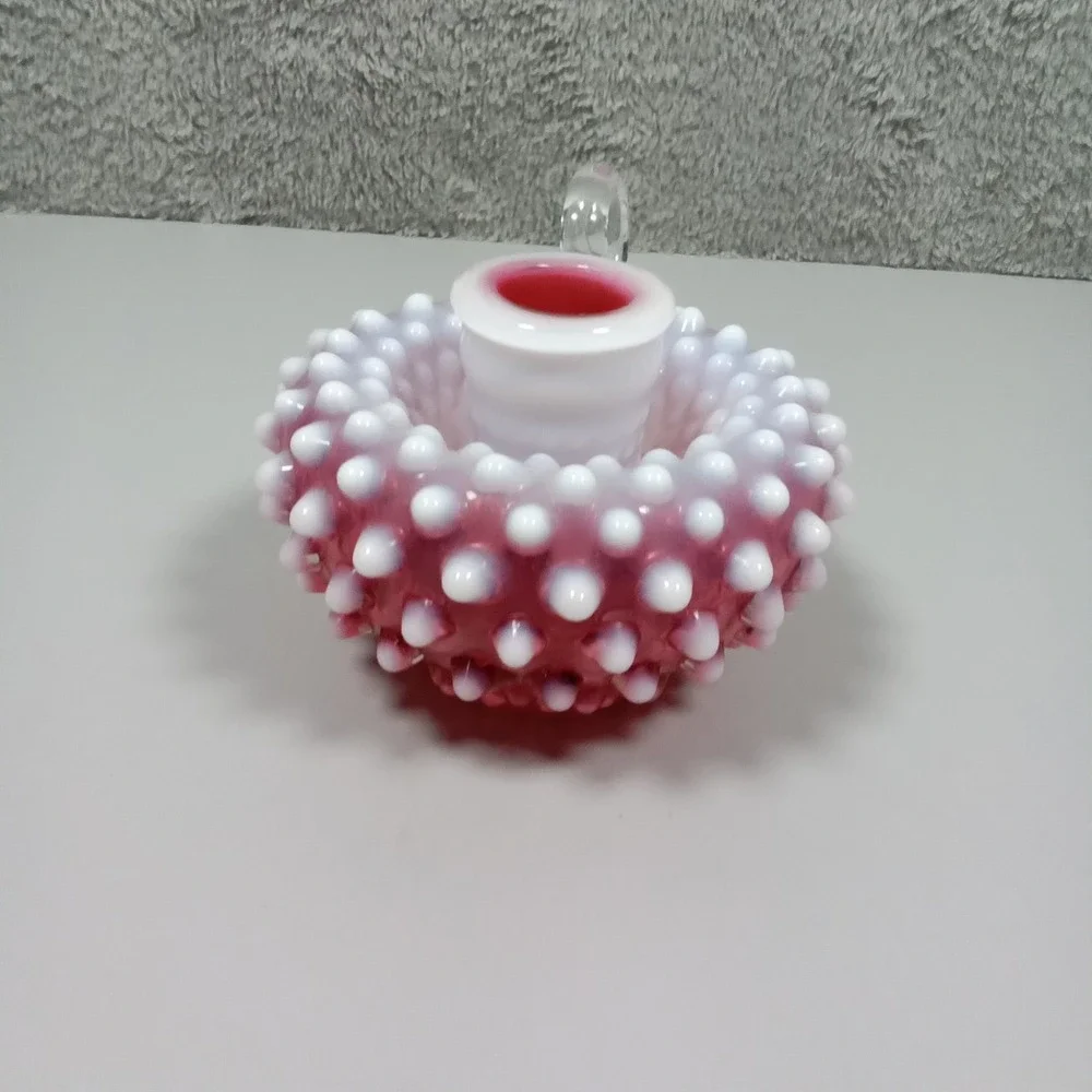 Vintage Cranberry Opalescent Hobnail Glass Candle Holder Chamberstick Pink White